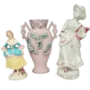 Coquette Porcelain Figurine Lot 2 Victorian Ladies and Vase Romantic Cottagecore